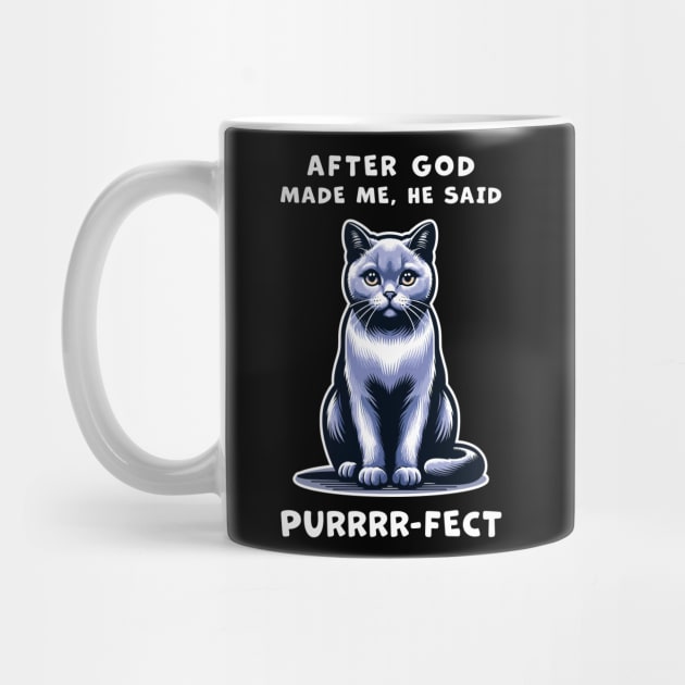 Grey cat funny graphic t-shirt of cat saying "After God made me, he said Purrrr-fect." by Cat In Orbit ®